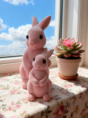 Charming pink flocked bunny ornaments with black eyes sit on a floral cloth.