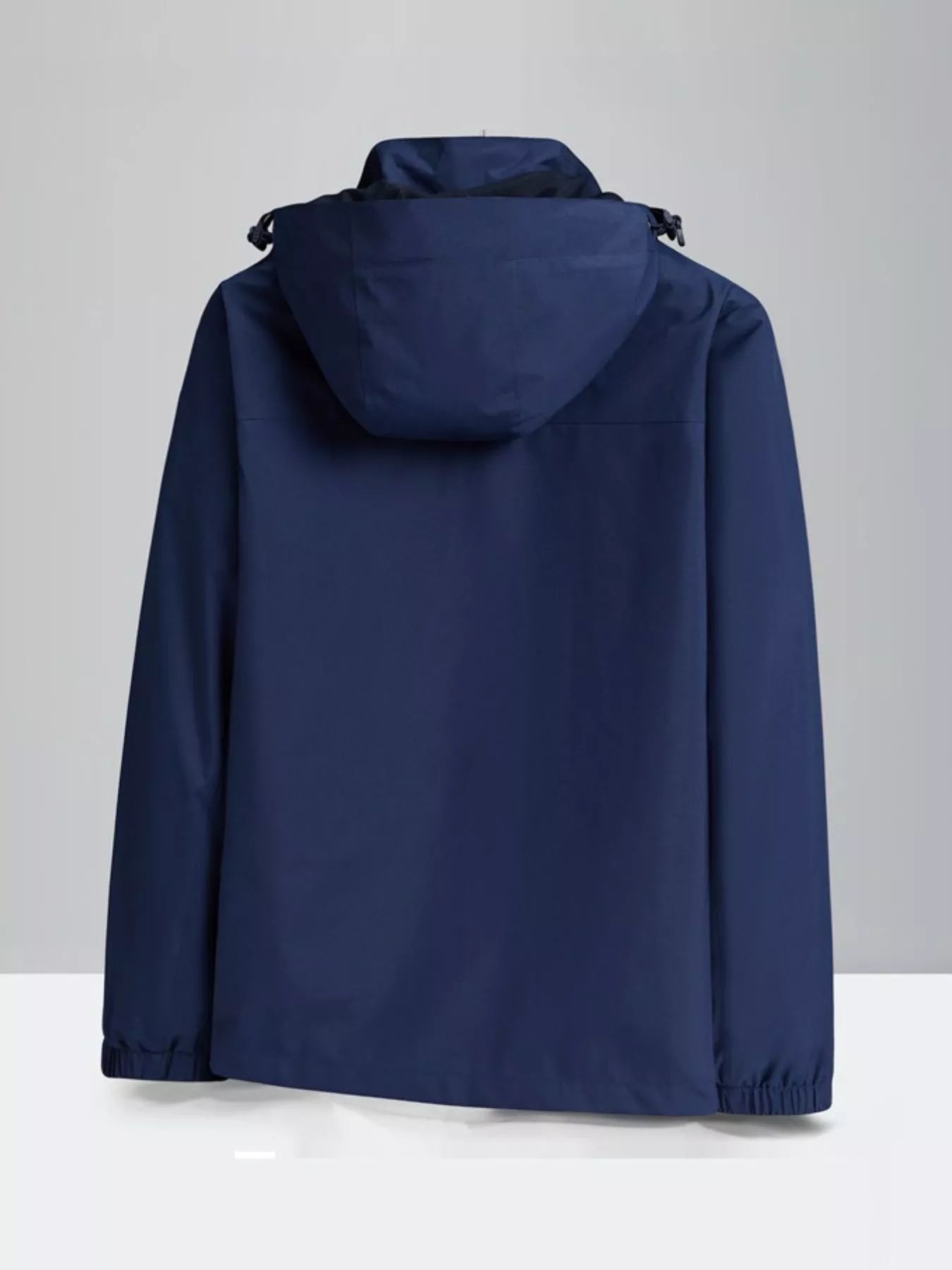 Men's dark blue hooded waterproof jacket with adjustable drawstring hood and elastic cuffs.