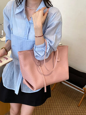 tote featuring woven texture in Pink with PU Leather Imported Size &amp texture