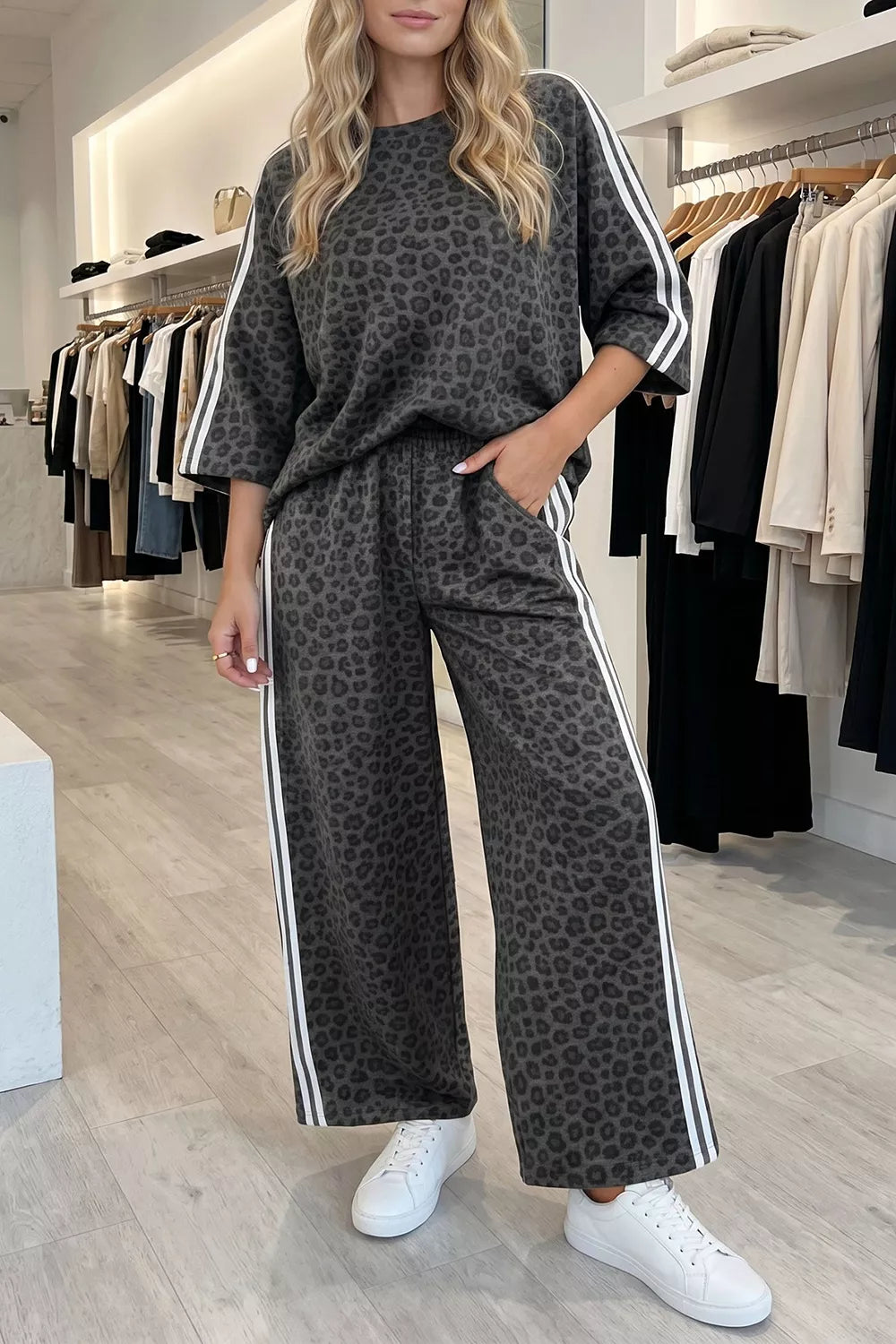 charcoal lounge set with leopard-print and crew neck