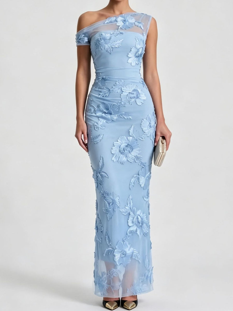 maxi dress in Apricot-Double-Sided Embroidery with applique and maxi