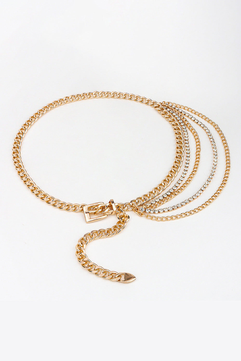 Gold layered chain belt with rhinestone embellishments and a buckle closure.