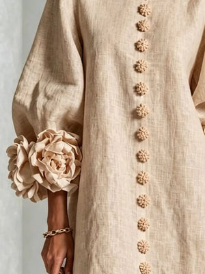3d Floral 3/4 Sleeve Mini Dress in Apricot with applique