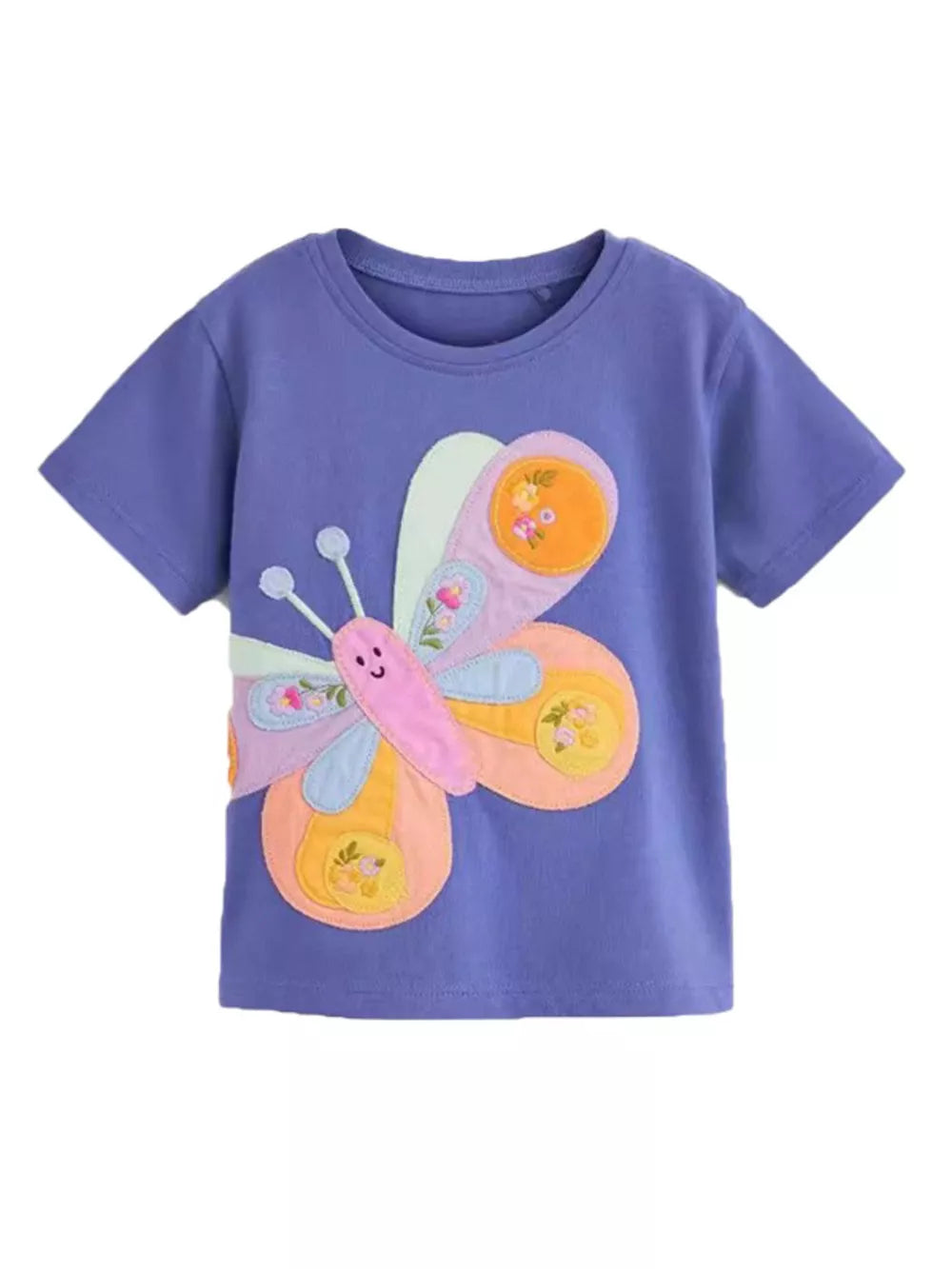 Purple cotton toddler t-shirt with a colorful butterfly appliqué and floral details.