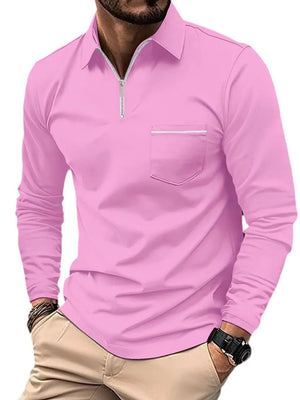 Pink long sleeve zip-front polo shirt with contrast pocket detail