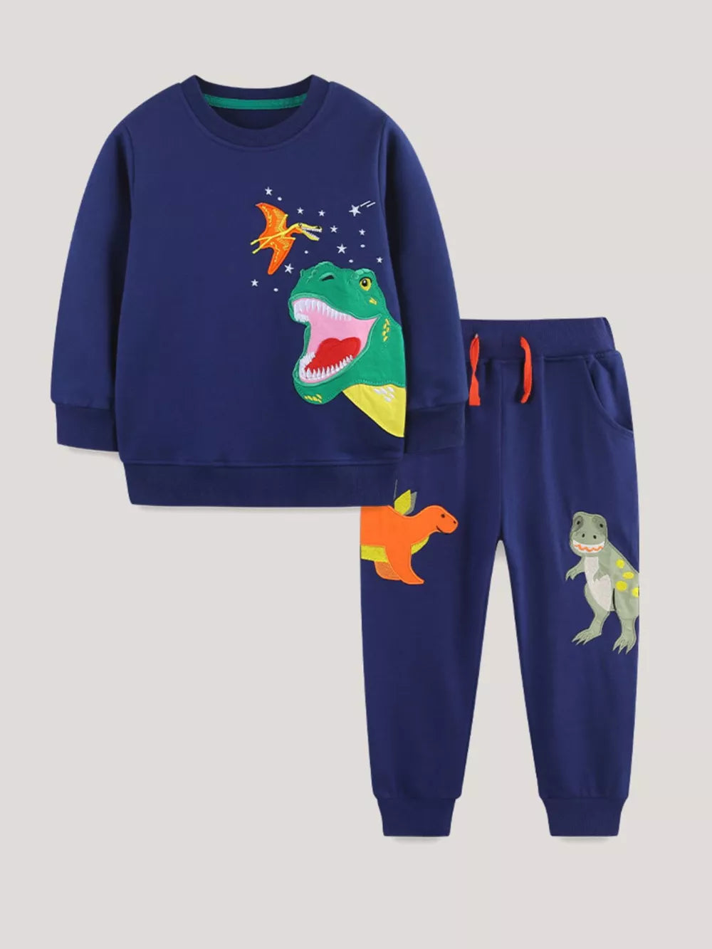 Navy dinosaur appliqué toddler sweatshirt and sweatpants set with orange drawstring.