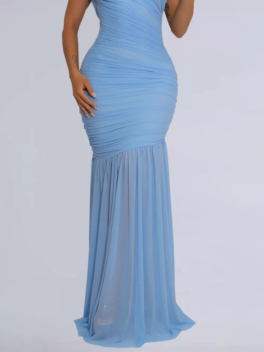 Light blue ruched bodycon maxi dress with sheer ruffled hem detail.