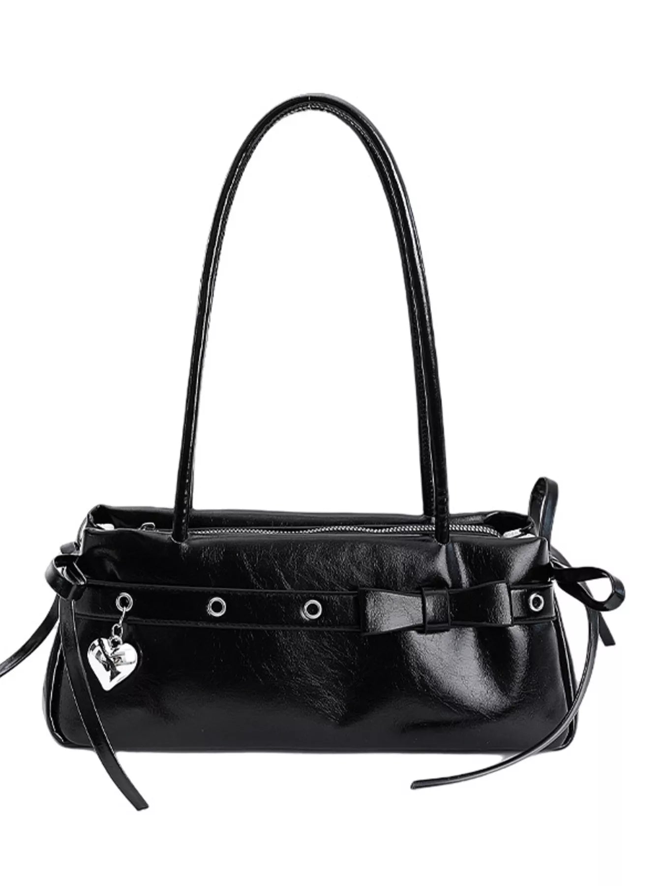 Black PU leather shoulder bag with bow detail and heart charm