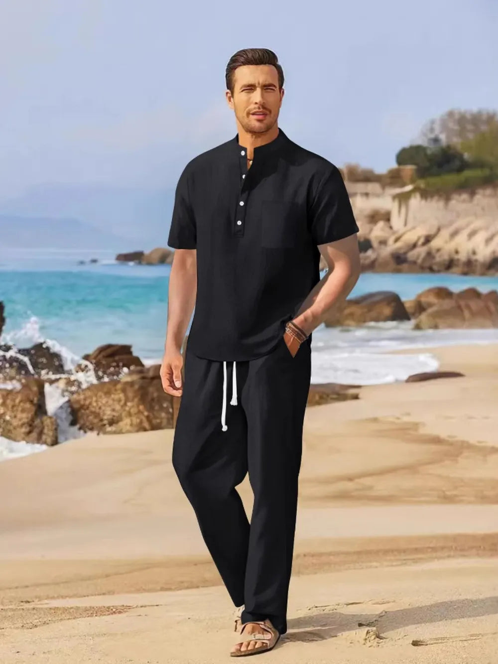 Black linen henley shirt and drawstring trousers set