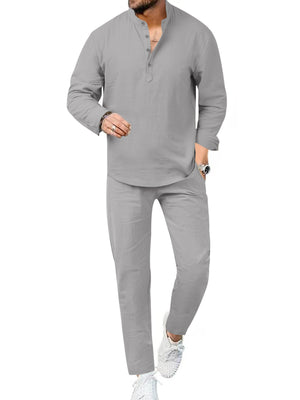 Men's grey linen henley shirt and pants set, long sleeve, band collar, button placket.