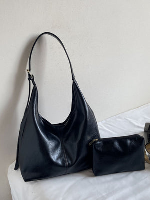 Black PU Leather Shoulder Bag in Black