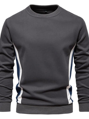 Dark gray crew neck sweatshirt with white and navy side panels.