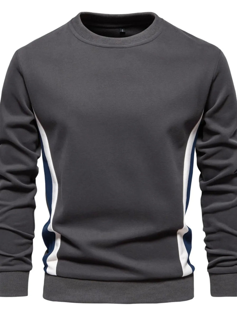 Dark gray crew neck sweatshirt with white and navy side panels.