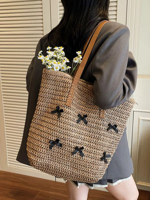 Straw weaving Imported Size &amp handbag in black with tote silhouette