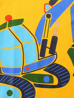 Yellow t-shirt with a blue and green excavator graphic, perfect for little explorers.