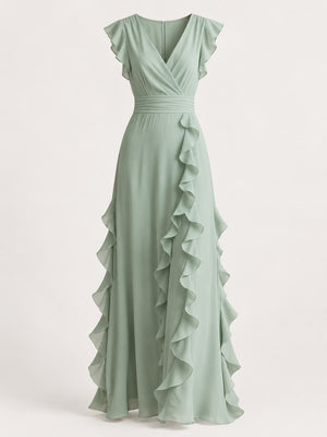 Graphite A-line maxi dress with deep v-neck
