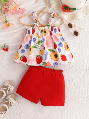 Baby girls' fruit print tank top and red shorts set, cotton blend.