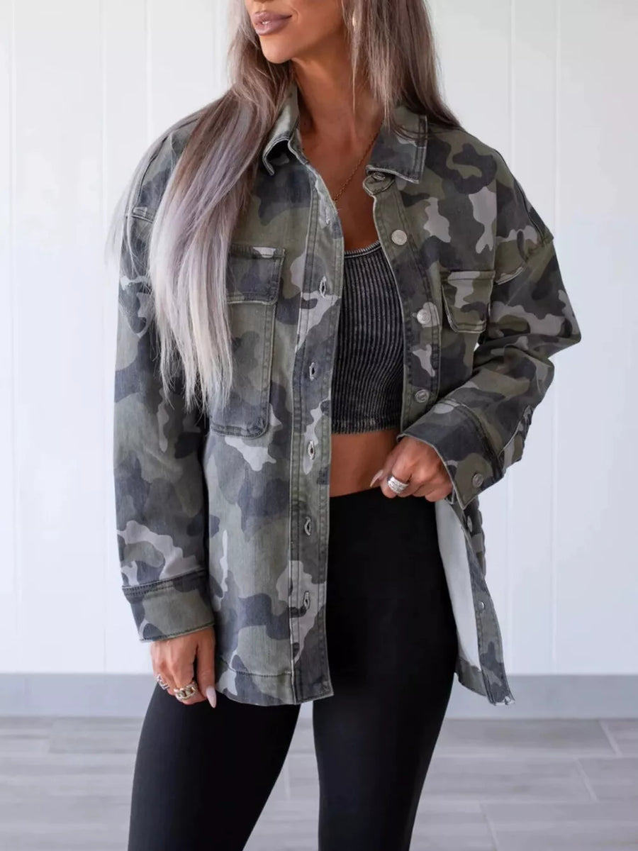 dark green denim jacket featuring buttoned and camo