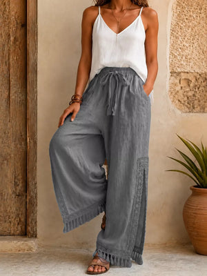 Lace Detail Slit Wide Leg Pants in Light Blue with drawstring waist