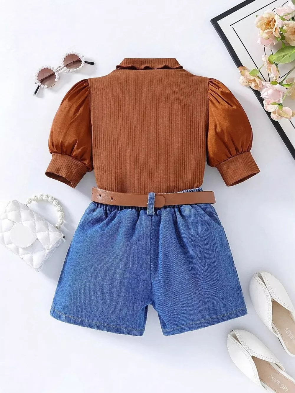 Children's Puff Sleeve Top And Denim Shorts Set in this colorway