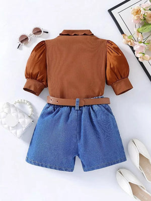 Children's Puff Sleeve Top And Denim Shorts Set in this colorway