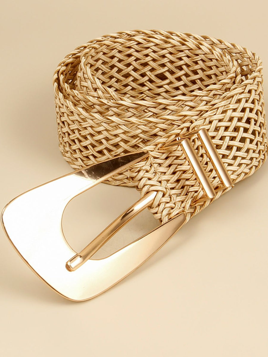 Woven raffia belt in camel with a gold-tone buckle and adjustable closure.