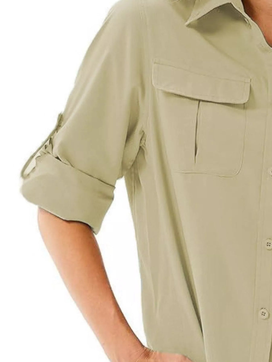 Sage button-up shirt with roll-up sleeves and chest pockets