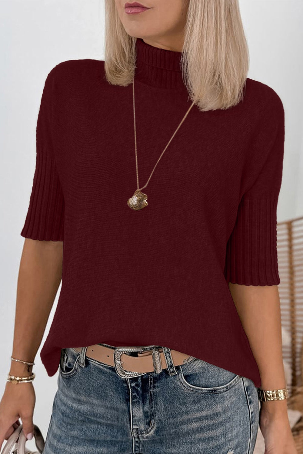 mock neck sweater in burgundy featuring ribbed and regular fit