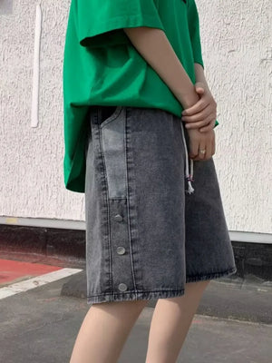 Black gray denim shorts with adjustable drawstring and button detail