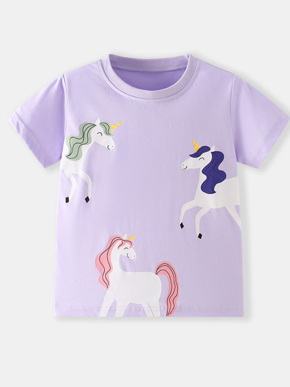 Lavender cotton t-shirt with a whimsical unicorn graphic print, short sleeves, and crew neck.