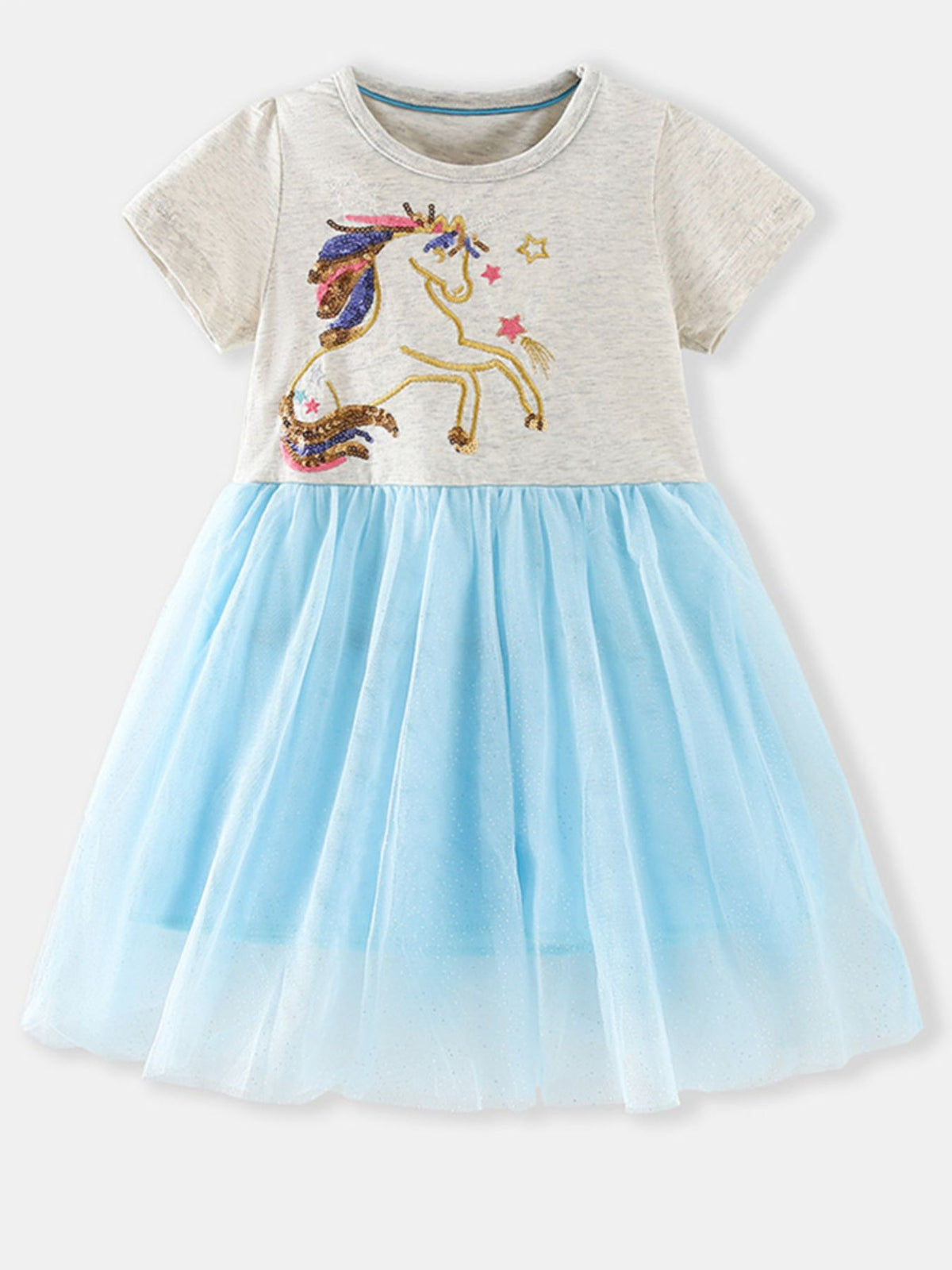 Toddler blue tulle dress with sequin unicorn embroidery on grey top.