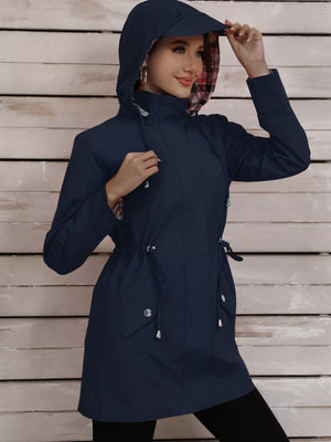 Navy blue hooded trench coat with drawstring waist and plaid lining.