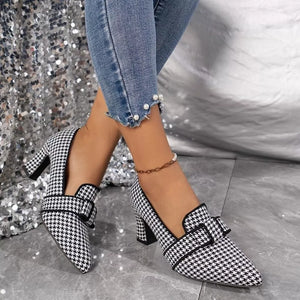 Khaki Color Point Toe Block Heel Pumps
