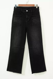 Black cotton blend cropped jeans with raw hem and patch pockets