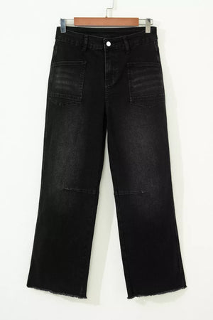 Black cotton blend cropped jeans with raw hem and patch pockets