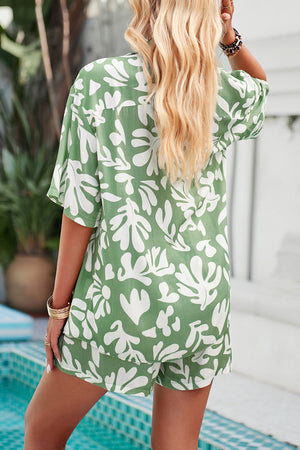 Light Green abstract print resort shirt with short sleeves and matching shorts.