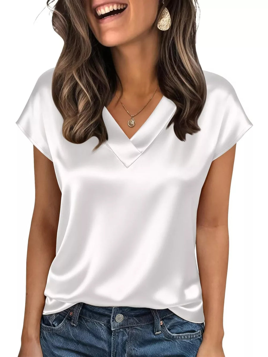 White satin V-neck blouse with short sleeves and a lustrous finish.