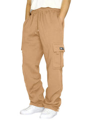 Tan fleece cargo lounge trousers with drawstring waist and pockets.