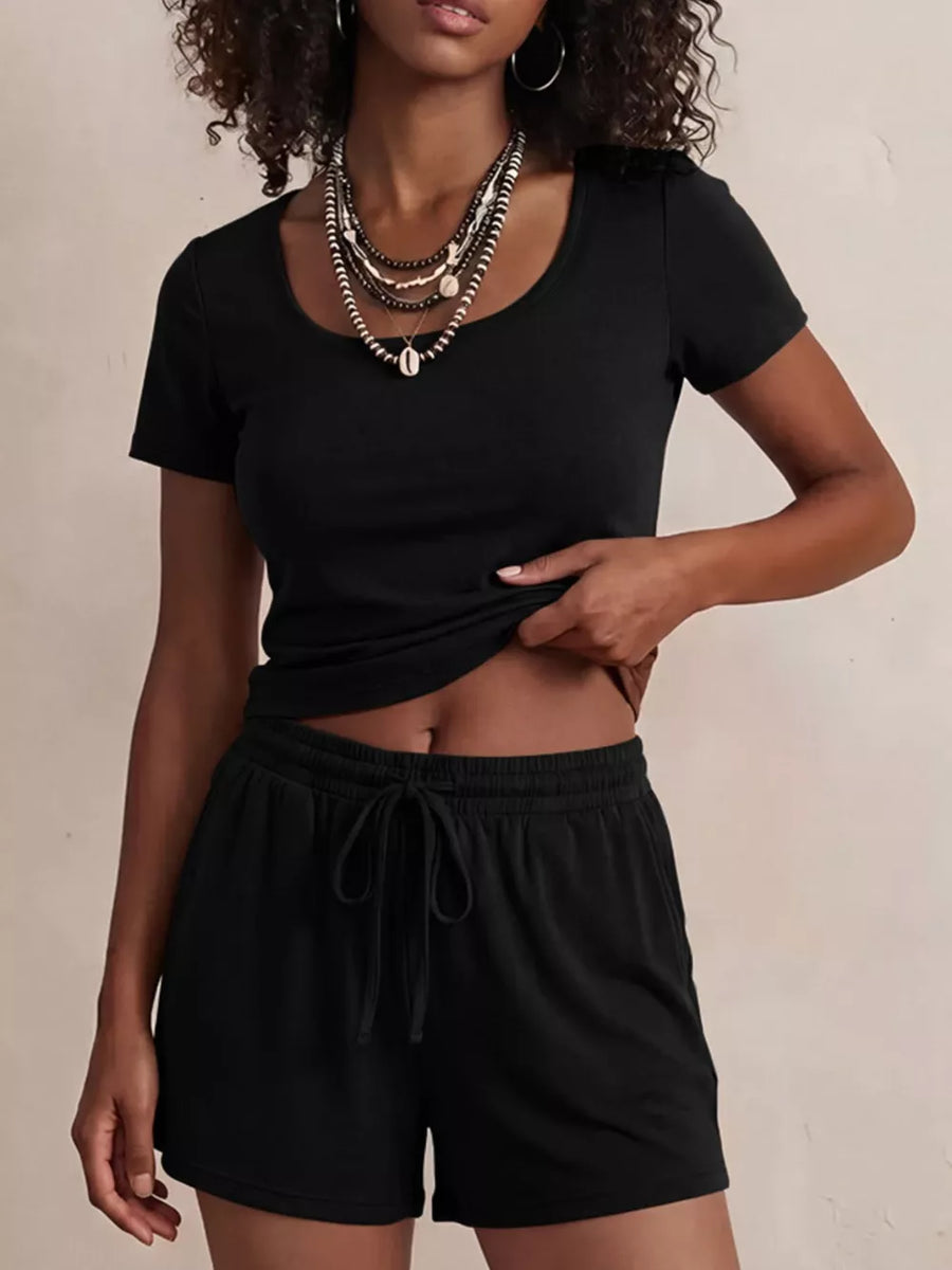 Black scoop-neck tee and drawstring shorts set