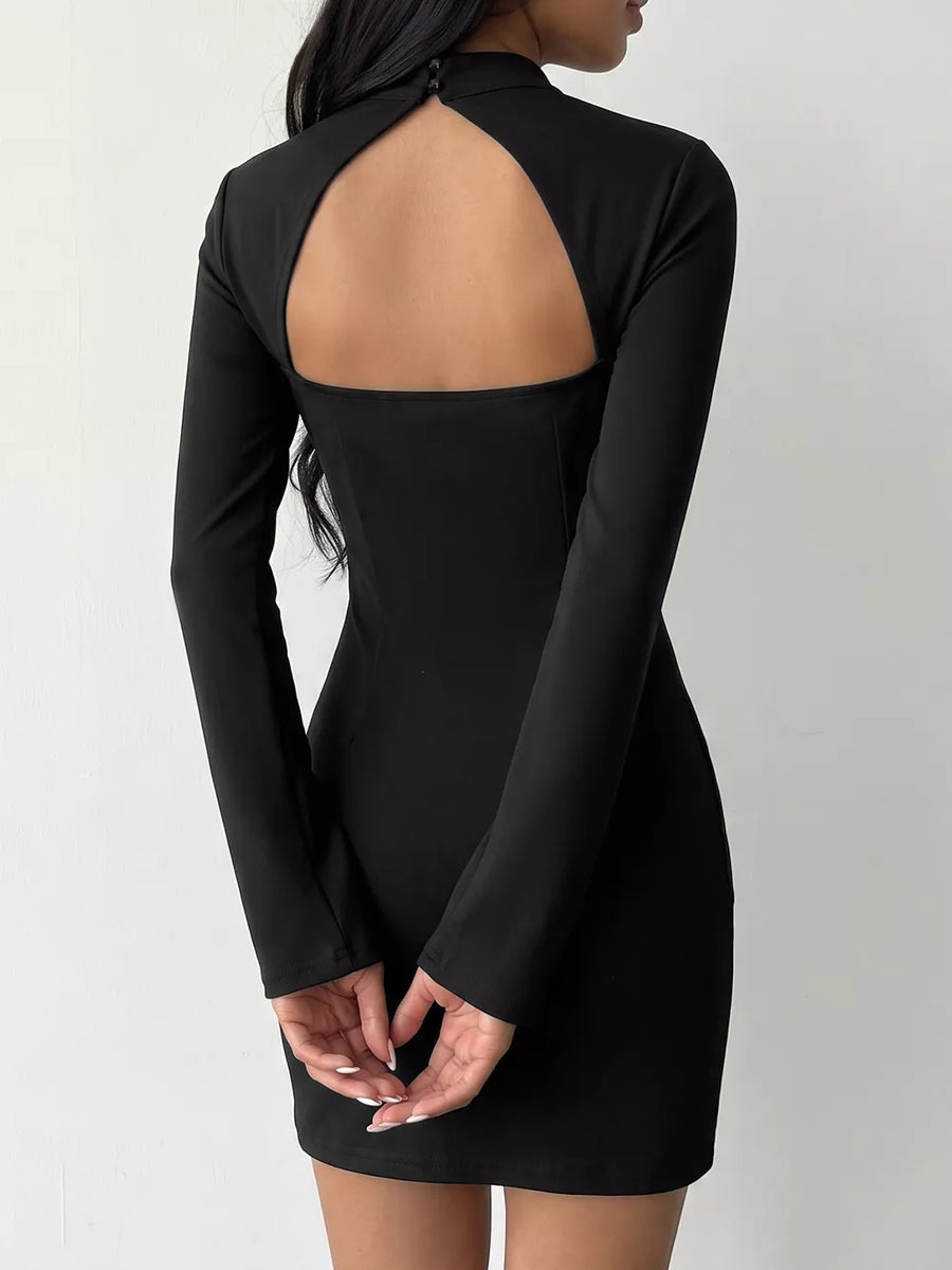 Black bodycon mini dress with mandarin collar