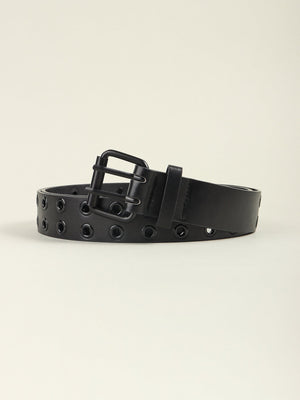 Black vegan leather belt with double grommets and a matte black buckle.