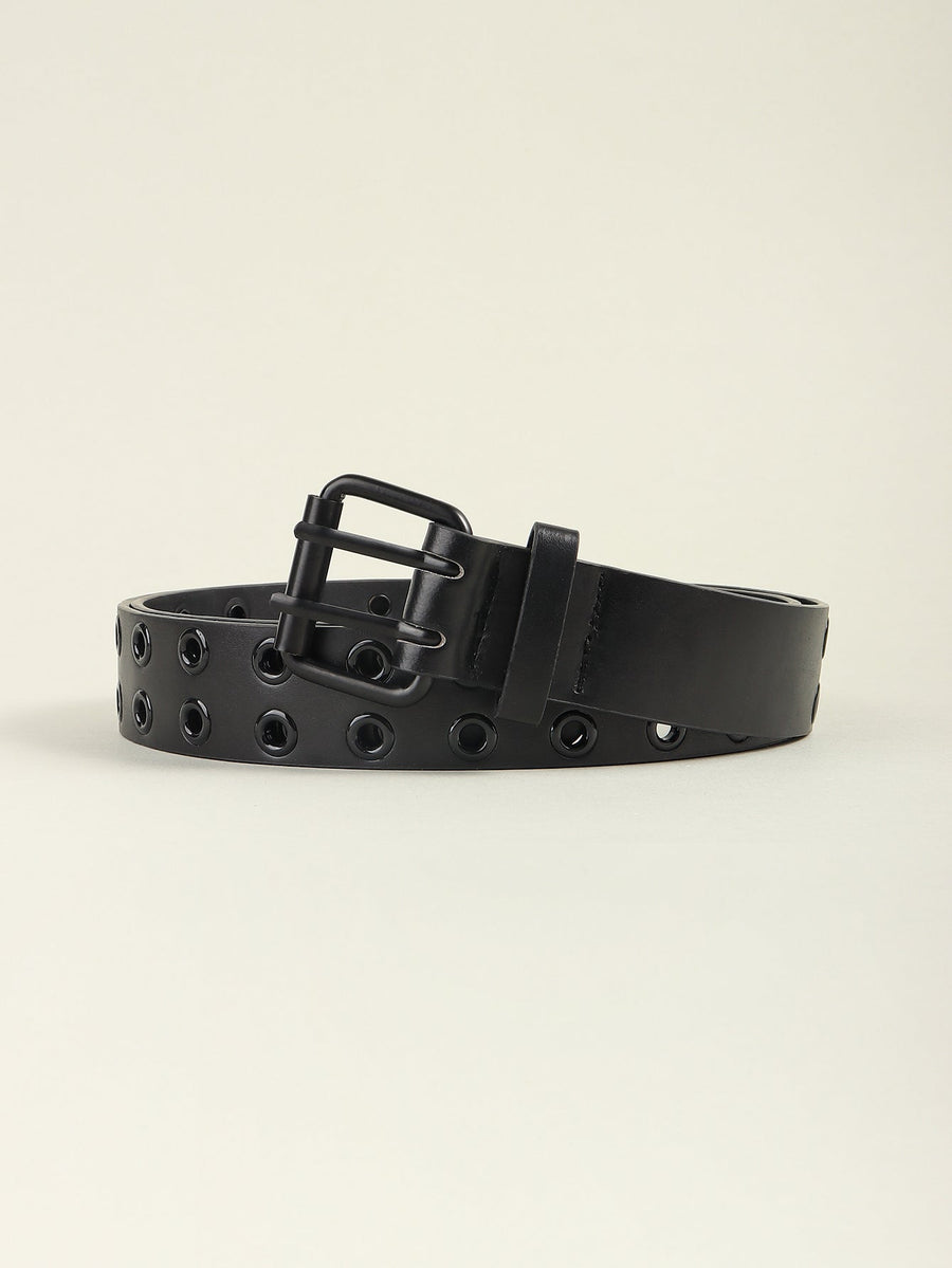 Black vegan leather belt with double grommets and a matte black buckle.