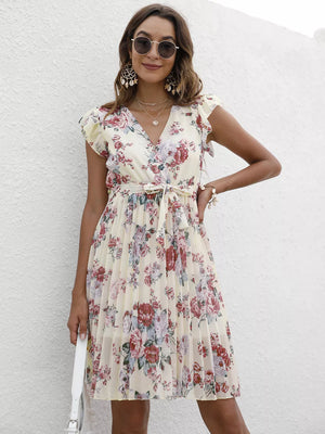 Cream floral pleated dress with ruffle sleeves and tie belt