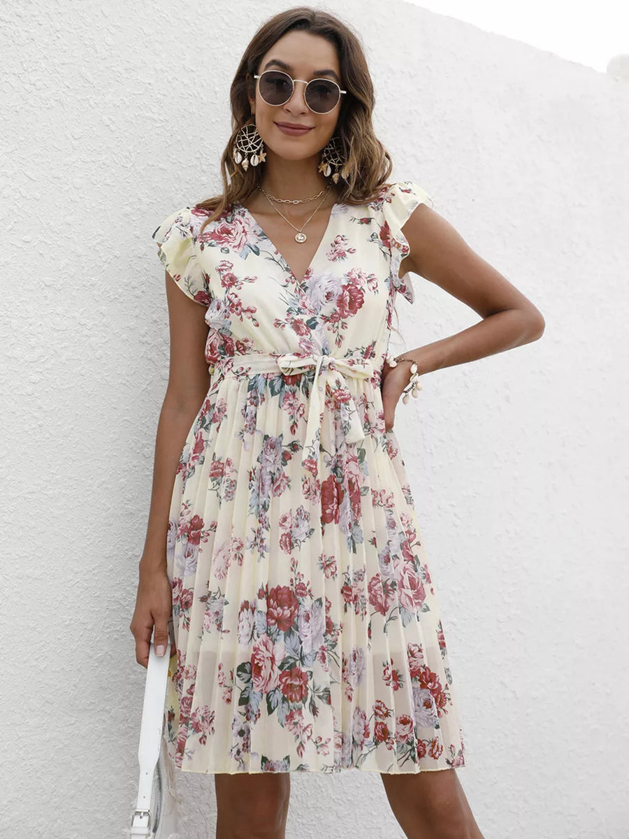 Cream floral pleated dress with ruffle sleeves and tie belt