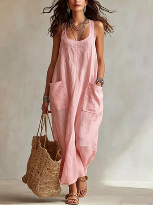 Scoop Neck Sleeveless Maxi Dress With Pockets in Light Blue with pocketed