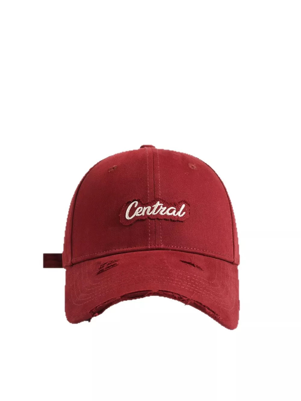 Red baseball cap with distressed details and embroidered "Central" logo
