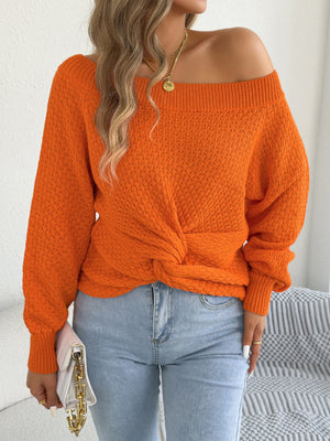 Off-Shoulder Twist Front Knit Top in Orange