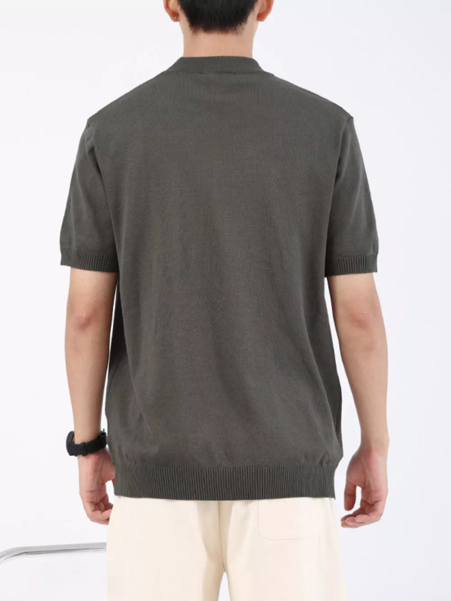 Men's short sleeve knit t-shirt in medium gray with mock neck and ribbed hem.