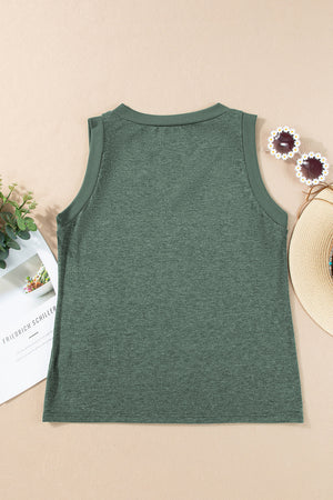 Distressed Flag Graphic Tank Top in Black Forest, a casual sleeveless top with a ribbed neckline.