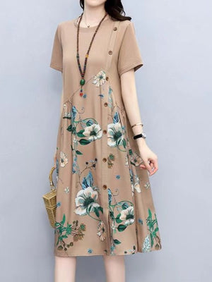 beige A-line dress with floral and round neck